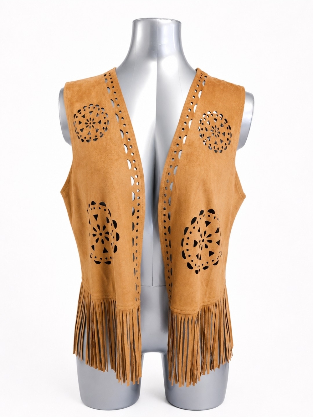 Boho Faux Suede Fringe Vest in Cognac Tan Excellent Condition - Picture 2 of 5